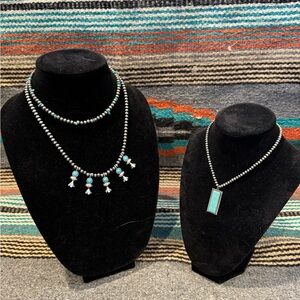 Turquoise and Silver Beaded Necklace Set